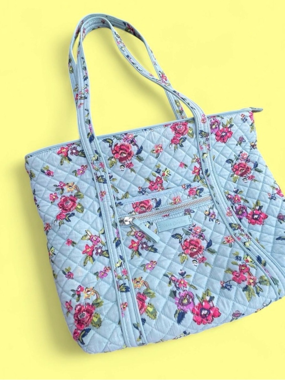 Vera Bradley Light Blue Quilted Floral zip Tote with Pink Roses